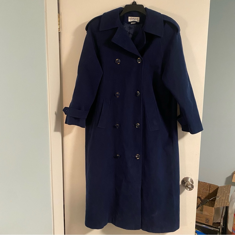 Vintage 80s Ultrasuede Blue Trench Coat Sz 12 USA Union Made Long Overcoat Class